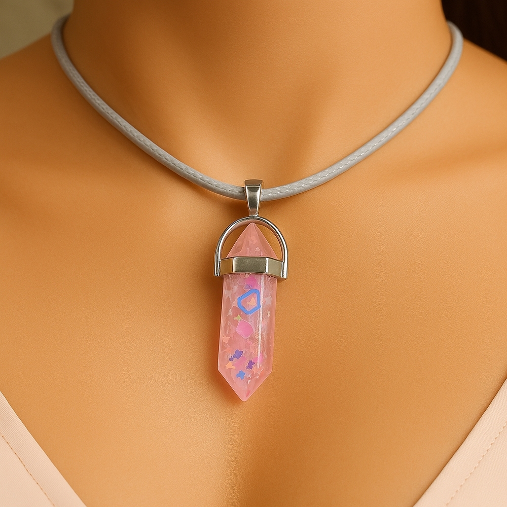 Pink Glitter Resin Point Necklace – Silver-Tone Crystal Pendant, 18'' Gray Cord